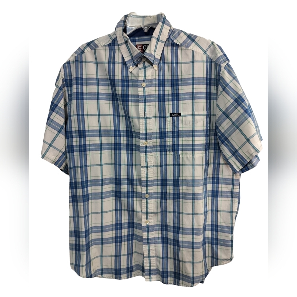 M412) Chaps Ralph Lauren White Blue Plaid Button Down Short Sleeve Shirt Size XL